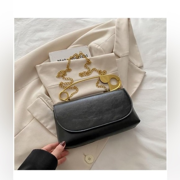 Pookie & Sebastian Handbags - Women's Black Shaped Leather Purse w/Safety Pin “Handle” & Detachable Strap NWWT
